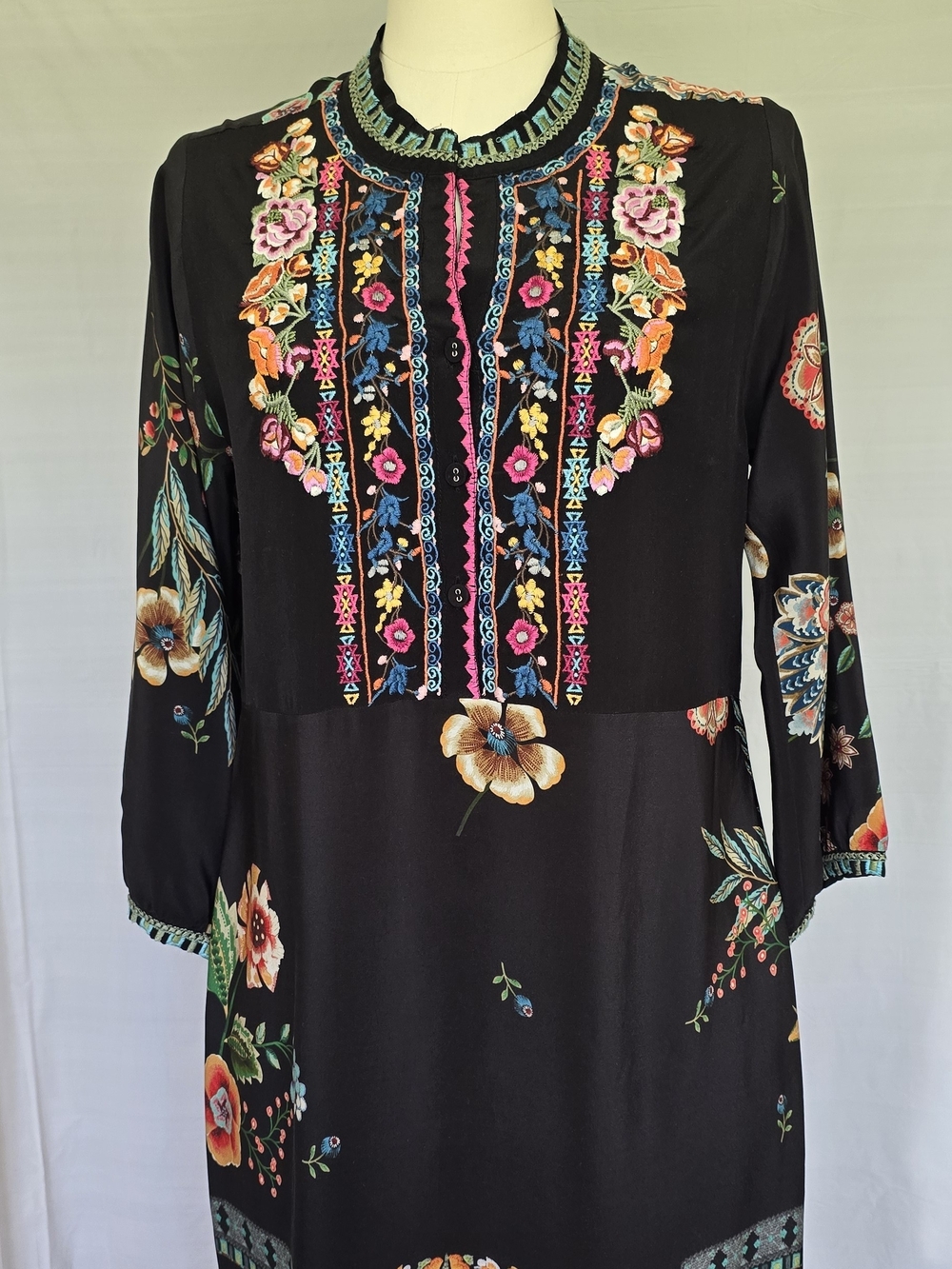 Biya by Johnny Was Lemona Black Embroidered Shift Dress Boho Floral Size S